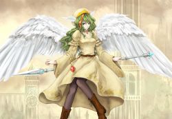 Rule 34 | 1girl, :/, angel wings, aqua eyes, arms at sides, belt, black pantyhose, black ribbon, boots, breasts, brown belt, brown footwear, building, buttons, choker, closed mouth, cross-laced footwear, dress, elona, eyebrows, eyelashes, facing away, feathered wings, feathers, frilled sleeves, frills, frown, gem, green hair, hair between eyes, hat, head wings, highres, holding, holding polearm, holding spear, holding weapon, juliet sleeves, jure of healing, knees together feet apart, lace, lace-up boots, lace trim, long hair, long sleeves, looking at viewer, mia (yanaginiame), multicolored hair, orange hair, pantyhose, platform boots, platform footwear, polearm, puffy long sleeves, puffy sleeves, red neckwear, ribbon, ribbon-trimmed clothes, ribbon-trimmed sleeves, ribbon trim, sidelocks, small breasts, solo, spear, turtleneck, two-tone hair, wavy hair, weapon, white wings, wide sleeves, wings, yellow dress, yellow hat