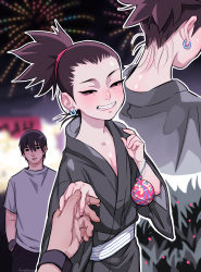 Rule 34 | 2boys, age difference, blush, brown eyes, brown hair, earrings, fireworks, gogglesyo, grin, highres, holding hands, japanese clothes, jewelry, kimono, looking at viewer, male focus, multiple boys, nara shikamaru, naruto, naruto (series), night, onii-shota, outdoors, ponytail, smile, spiked hair, tanabata