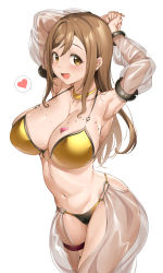 Rule 34 | 1girl, :d, armpits, arms behind head, arms up, bikini, blush, breasts, brown hair, cleavage, collarbone, detached sleeves, hair between eyes, heart, highres, kunikida hanamaru, large breasts, long hair, looking at viewer, love live!, love live! sunshine!!, navel, open mouth, sarong, see-through, see-through sleeves, sidelocks, simple background, smile, solo, spoken heart, standing, stomach, swimsuit, tem10, thigh strap, thighs, white background, yellow bikini, yellow eyes