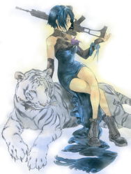 Rule 34 | 1girl, assault rifle, bad id, bad nicoseiga id, black eyes, blue hair, boots, breasts, detached sleeves, dress, full metal panic!, gun, issun boushi, issun boushi (ilmtkimoti), crossed legs, melissa mao, over shoulder, rifle, short hair, sitting, solo, tiger, traditional media, weapon, weapon over shoulder, white tiger