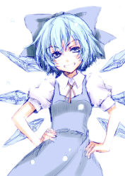 Rule 34 | 1girl, bad id, bad pixiv id, blue eyes, blue hair, bow, cirno, embodiment of scarlet devil, grin, hair bow, hands on own hips, happy, ice, kuronuko neero, matching hair/eyes, short hair, simple background, sketch, smile, snow, solo, touhou, wings