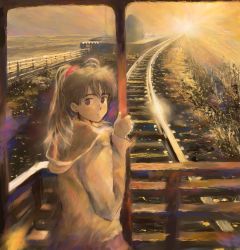Rule 34 | 1girl, brown eyes, brown hair, outdoors, ponytail, railroad tracks, scenery, sky, solo, sunset, teikoku shounen, train
