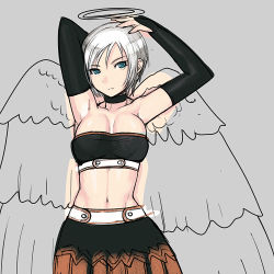 Rule 34 | 1girl, angel, angel wings, armpits, bad id, bad pixiv id, blue eyes, dragon quest, dragon quest ix, halo, level-5, lowres, mahito, navel, raviel, short hair, solo, strapless, tube top, white hair, wings