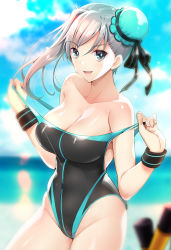 Rule 34 | 1girl, akahito, aqua eyes, black one-piece swimsuit, blue eyes, blue one-piece swimsuit, blue sky, blurry, blurry background, breasts, bun cover, cleavage, clothes pull, collarbone, commentary request, competition swimsuit, covered navel, cowboy shot, day, fate/grand order, fate (series), grey hair, groin, hair between eyes, hair bun, hair ornament, highleg, highleg swimsuit, highres, large breasts, looking at viewer, miyamoto musashi (fate), miyamoto musashi (fate/grand order), miyamoto musashi (swimsuit berserker) (fate), miyamoto musashi (swimsuit berserker) (first ascension) (fate), ocean, one-piece swimsuit, one-piece swimsuit pull, outdoors, pulled by self, side bun, side ponytail, single hair bun, single side bun, sky, solo, standing, swimsuit, teeth