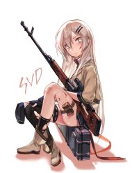 Rule 34 | 1girl, blush, boots, character name, closed mouth, dragunov svd, from side, full body, girls&#039; frontline, grey eyes, gun, hair between eyes, hair ornament, hairclip, highres, holster, kneehighs, long hair, looking at viewer, rifle, shadow, shan, silver hair, simple background, single kneehigh, single sock, single thighhigh, sleeves past elbows, sniper rifle, socks, solo, svd (girls&#039; frontline), thigh holster, thigh strap, thighhighs, torn clothes, torn legwear, very long hair, weapon, weapon case, white background