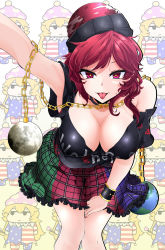 Rule 34 | 1girl, american flag dress, bare shoulders, black shirt, breasts, chain, chibi, chibi inset, cleavage, clothes writing, clownpiece, collar, earth (ornament), hat, hecatia lapislazuli, highres, jester cap, jitome, large breasts, looking at viewer, miniskirt, moon (ornament), multicolored clothes, multicolored skirt, nail polish, neck ruff, pantyhose, polka dot, poop on a stick, red eyes, red hair, red nails, rihito (usazukin), shirt, short sleeves, skirt, star-shaped pupils, star (symbol), symbol-shaped pupils, t-shirt, tongue, tongue out, touhou, wrist cuffs