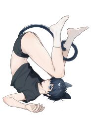 Rule 34 | 1boy, animal ears, bite mark, bite mark on thigh, black hair, black male underwear, black shirt, blue eyes, blue lock, cat boy, cat ears, cat tail, clothes lift, full body, highres, isagi yoichi, kiiskiss99, legs up, looking at viewer, lying, male focus, male underwear, on back, shirt, shirt lift, short hair, short sleeves, simple background, socks, solo, tail, tongue, tongue out, underwear, white background, white socks