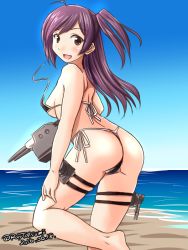 Rule 34 | 10s, 1girl, 2016, alternate costume, ass, bare shoulders, bikini, black bikini, breasts, brown eyes, commentary request, dated, day, eyebrows, hagikaze (kancolle), kantai collection, long hair, looking at viewer, looking to the side, machinery, medium breasts, open mouth, panties, purple hair, side-tie bikini bottom, side-tie panties, sky, solo, swimsuit, tatsumi ray, thong bikini, turret, twitter username, underwear