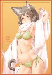 Rule 34 | 1girl, animal ears, arm up, armpits, bikini, breasts, brown eyes, brown hair, cat ears, cat tail, cleavage, hair ornament, hairclip, highres, medium breasts, navel, scarf, short hair, smile, solo, swimsuit, tail, uni tenten