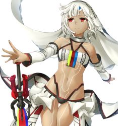 Rule 34 | 1girl, altera (fate), bad id, bad pixiv id, bare shoulders, black nails, dark-skinned female, dark skin, detached sleeves, fate/grand order, fate (series), midriff, nail polish, navel, photon ray (fate), pinta (ayashii bochi), red eyes, revealing clothes, short hair, simple background, solo, sword, tattoo, veil, weapon, white background, white hair