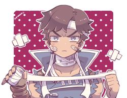 Rule 34 | 1boy, bags under eyes, bandaged neck, bandages, bandaid, bandaid on face, blue coat, blue eyes, border, brown gloves, brown hair, castlevania (series), coat, collarbone, gauze on cheek, gloves, headband, holding bandages, kotorai, looking at viewer, male focus, no nose, richter belmont, signature, single glove, solo, torn clothes, torn sleeves, upper body, v-shaped eyebrows, white border, white headband
