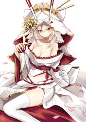 Rule 34 | 1girl, arm up, ayanami (azur lane), ayanami (demon&#039;s finest dress) (azur lane), ayanami (demon&#039;s finest dress) (azur lane), azur lane, bare shoulders, blush, bow, breasts, bug, butterfly, choker, cleavage, collarbone, commentary request, dress, eyes visible through hair, hair between eyes, highres, insect, japanese clothes, kimono, long hair, long sleeves, looking at viewer, manjirou (manji illust), medium breasts, midriff, off shoulder, official alternate costume, red eyes, revision, simple background, sitting, solo, thighhighs, veil, white background, white hair, white thighhighs, wide sleeves, yellow eyes