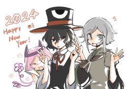Rule 34 | 2024, 3others, androgynous, ascot, bare arms, bare shoulders, black coat, black eyes, black hair, black headwear, black sleeves, blush, blush stickers, bow, bowtie, brown ascot, brown coat, brown sleeves, chinese commentary, clenched hand, closed eyes, coat, collared coat, collared shirt, colored eyelashes, commentary request, detached sleeves, energy wings, enraku tsubakura, eye of senri, finger counting, flower, frown, grey hair, hair between eyes, happy new year, hat, highres, houlen yabusame, japanese clothes, jinbei (clothes), kimono, layered sleeves, len&#039;en, long sleeves, looking at viewer, multiple others, new year, nose blush, notice lines, open mouth, other focus, parted lips, pink flower, pink hair, puffy short sleeves, puffy sleeves, red bow, red bowtie, red headwear, ribbon-trimmed coat, ribbon trim, shion (len&#039;en), shirt, short hair, short hair with long locks, short over long sleeves, short sleeves, simple background, sleeveless, sleeveless coat, sleeveless kimono, sleeveless shirt, smile, top hat, triangular headpiece, two-sided fabric, two-sided headwear, upper body, wavy hair, white background, white kimono, white shirt, white sleeves, wide sleeves, xiao ganju nailuo