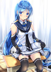 Rule 34 | 1girl, :o, ahoge, bad id, bad pixiv id, bare shoulders, black gloves, black necktie, black thighhighs, blue eyes, blue hair, blue sailor collar, blush, breasts, collared shirt, commentary request, curtains, desk, elbow gloves, feet out of frame, floating hair, gloves, highres, indoors, kantai collection, kobayashi chisato, light particles, long hair, looking at viewer, miniskirt, necktie, parted lips, sailor collar, samidare (kancolle), school desk, school uniform, serafuku, shirt, sidelocks, sitting, skindentation, skirt, skirt hold, sleeveless, sleeveless shirt, small breasts, solo, thighhighs, very long hair, white shirt, white skirt, zettai ryouiki