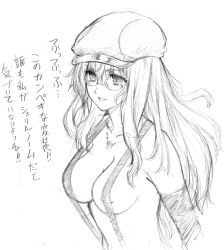 Rule 34 | 1girl, bad id, bad pixiv id, bespectacled, breasts, cleavage, commentary, elbow gloves, failure, glasses, gloves, greyscale, hat, hirokawa tomo, jewelry, long hair, macross, macross frontier, monochrome, naked suspenders, necklace, revealing clothes, sheryl nome, solo, strap gap, suspenders, topless, translated, you&#039;re doing it wrong