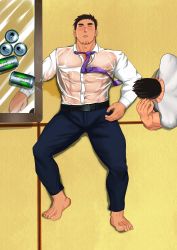 Rule 34 | 2boys, absurdres, bara, barefoot, beer can, black hair, blush, bulge, can, covered abs, covered erect nipples, covered navel, denim, drink can, drunk, facial hair, formal, from above, full body, goatee, hand up, highres, jeans, large pectorals, loose necktie, lying, male focus, mature male, multiple boys, muscular, muscular male, necktie, on back, pants, pectorals, purple necktie, salaryman, see-through, senpai ga uzai kouhai no hanashi, shirt, short hair, sideburns, sleeping, takeda harumi (shiromanta), tanglijianxue, thick eyebrows, thick thighs, thighs, wet, wet clothes, wet shirt, white shirt