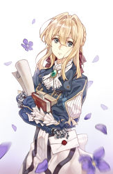 Rule 34 | 1girl, blonde hair, blue eyes, book, brooch, cheese kang, commentary, dress, envelope, flower, hair intakes, holding, holding book, jewelry, looking at viewer, mechanical arms, petals, purple flower, simple background, single mechanical arm, solo, standing, violet evergarden, violet evergarden (series), wax seal, white background