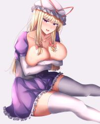 Rule 34 | 1girl, absurdres, areola slip, blonde hair, blush, bow, breasts, commentary request, covering breasts, covering privates, dress, elbow gloves, feet out of frame, frilled dress, frills, gloves, grey background, hair bow, hat, hat ribbon, highres, large breasts, looking at viewer, mirufui, mob cap, pink eyes, purple dress, purple eyes, red bow, red ribbon, ribbon, short sleeves, sidelocks, simple background, sitting, solo, sweat, thighhighs, touhou, white gloves, white hat, white thighhighs, yakumo yukari