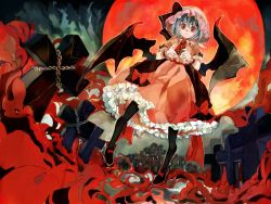 Rule 34 | 1girl, ascot, bat wings, black pantyhose, blue hair, chain, cross, dress, dutch angle, frills, full body, full moon, graveyard, hat, hat ribbon, highres, konabetate, looking at viewer, mob cap, moon, pantyhose, puffy sleeves, red eyes, red moon, remilia scarlet, ribbon, sash, shoes, short hair, short sleeves, solo, touhou, wings, wrist cuffs