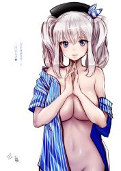Rule 34 | 10s, 1girl, beret, blue eyes, breasts, employee uniform, grey eyes, hat, kantai collection, kashima (kancolle), large breasts, lawson, lips, looking at viewer, naked shirt, navel, no bra, no panties, off shoulder, out-of-frame censoring, shirt, silver hair, simple background, smile, solo, souryu, striped, translated, tsurime, twintails, undressing, uniform, vertical stripes, wavy hair, white background