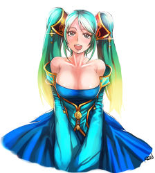 Rule 34 | 1girl, blue eyes, blue hair, breasts, cleavage, collarbone, detached sleeves, dress, gradient hair, hair ornament, highres, large breasts, league of legends, long hair, looking at viewer, matching hair/eyes, multicolored hair, open mouth, rein00, signature, solo, sona (league of legends)