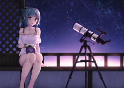 Rule 34 | 10s, 1girl, alternate costume, astronomy, bare shoulders, barefoot, blush, bow, brown eyes, casual, collarbone, gradient background, grey hair, hair bow, hair ribbon, kantai collection, looking at viewer, open mouth, ponytail, ribbon, short hair, sitting, sky, smile, solo, star (sky), starry sky, telescope, terras, yuubari (kancolle)