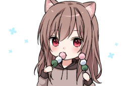 Rule 34 | 1girl, animal ear fluff, animal ears, blush, brown hair, brown shirt, cat ears, cat girl, chibi, commentary request, dango, dot nose, eating, flat chest, food, food in mouth, hair between eyes, holding, holding food, hood, hood down, long hair, long sleeves, looking at viewer, lowres, nina (yumoran), original, red eyes, sanshoku dango, shirt, simple background, smile, solo, upper body, wagashi, white background, yumoran