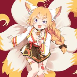 Rule 34 | 1girl, ahoge, animal ears, braid, braided ponytail, breasts, cleavage, eight-tailed fox nari, feet out of frame, flat chest, fox ears, fox girl, fox tail, guardian tales, highres, jewelry, korean clothes, looking at viewer, mipoog, multiple tails, necklace, orange hair, purple eyes, red background, solo, tail, thick eyebrows