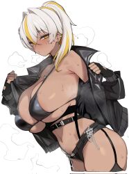 Rule 34 | 1girl, artist request, bikini, black bikini, black gloves, black jacket, black shorts, black thighhighs, blonde hair, blush, breasts, breath, cowboy shot, cross, cross earrings, dark-skinned female, dark skin, ear piercing, earrings, fingerless gloves, from side, garter straps, gloves, hair intakes, highres, jacket, jewelry, korean commentary, large breasts, looking at viewer, luvdia, medium hair, micro shorts, multicolored hair, navel, necklace, off shoulder, open clothes, open jacket, park dona, piercing, ponytail, puckered lips, second-party source, shorts, simple background, solo, standing, steaming body, streaked hair, string bikini, sweat, swimsuit, thighhighs, two-tone hair, underbust, virtual youtuber, white background, white hair, yellow eyes