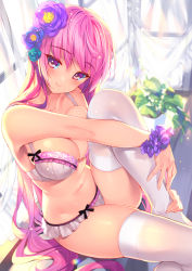 Rule 34 | 1girl, absurdres, bare shoulders, blush, bra, breasts, bucchake (asami), cleavage, closed mouth, collarbone, commentary request, curtains, day, flower, frilled panties, frills, groin, hair between eyes, hair flower, hair ornament, head tilt, highres, knee up, large breasts, long hair, looking at viewer, midriff, moe2021, navel, original, panties, pink eyes, pink hair, plant, potted plant, purple scrunchie, scrunchie, sidelocks, sitting, skindentation, smile, solo, thighhighs, underwear, underwear only, very long hair, white bra, white panties, white thighhighs, window, windowsill, wrist scrunchie