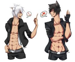 Rule 34 | 2boys, abs, angry, animal ears, belt, black hair, cat boy, cat ears, fingerless gloves, glaring, gloves, heart, male focus, middle finger, multiple boys, muscular, open clothes, open shirt, shirt, simple background, standing, white hair, yaoi