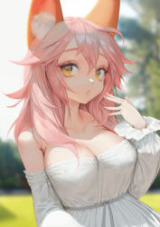Rule 34 | 1girl, absurdres, animal ear fluff, animal ears, bare shoulders, blurry, breasts, charles (106858), cleavage, commentary, day, depth of field, detached sleeves, dress, fate/extra, fate/grand order, fate (series), fox ears, hair between eyes, highres, large breasts, long hair, looking at viewer, outdoors, pink hair, solo, standing, strapless, strapless dress, tamamo (fate), tamamo no mae (fate/extra), upper body, white dress, yellow eyes