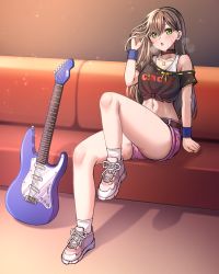 Rule 34 | 1girl, arm support, bang dream!, bare shoulders, belt, black choker, black hair, black shirt, blush, breasts, brown belt, chair, choker, collarbone, commentary, electric guitar, esp guitars, full body, green eyes, groin, guitar, hair between eyes, hanazono tae, hand in own hair, hand up, highres, instrument, jewelry, leg up, long hair, looking at viewer, lounge chair, midriff, navel, necklace, off-shoulder shirt, off shoulder, open mouth, pink shorts, ptal, shadow, shirt, shoes, short shorts, short sleeves, shorts, sidelocks, sitting, small breasts, sneakers, socks, solo, steam, sweat, tied shirt, undershirt, white socks, wristband