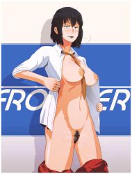 Rule 34 | 1girl, artist request, bar censor, black hair, blue background, blush, breasts, breath, censored, cowboy shot, female pubic hair, freckles, highres, holding, holding clothes, holding shirt, large breasts, looking at viewer, navel, necktie, oekaki, open clothes, open mouth, open shirt, original, pointless censoring, pubic hair, puffy nipples, sanpaku, shirt, short hair, solo, source request, steaming body, sweat, text background, yellow necktie