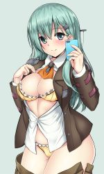 Rule 34 | 10s, 1girl, blue eyes, blush, bra, breasts, cellphone, cleavage, clothes pull, dress shirt, green hair, hair ornament, hairclip, kantai collection, large breasts, long hair, looking at viewer, open clothes, open shirt, panties, phone, satou samu, school uniform, shirt, simple background, skirt, skirt pull, smartphone, smile, solo, suzuya (kancolle), underwear, yellow bra, yellow panties