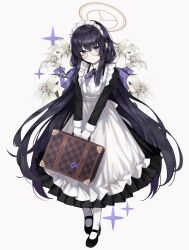 Rule 34 | absurdres, alternate costume, apron, black dress, black footwear, black hair, blue archive, bow, bowtie, closed mouth, dress, enmaided, expressionless, floral background, flower, full body, glasses, gloves, halo, highres, holding case, karou (lhscck302), long hair, looking back, maid, maid apron, maid headdress, mary janes, pantyhose, purple bow, purple bowtie, purple eyes, shoes, sidelocks, simple background, solo, sparkle, standing, ui (blue archive), very long hair, white apron, white flower, white gloves, white pantyhose