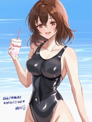 Rule 34 | 1girl, black one-piece swimsuit, breasts, brown eyes, brown hair, commentary request, commission, competition swimsuit, covered navel, cowboy shot, drinking straw, highleg, highleg swimsuit, highres, large breasts, looking at viewer, one-piece swimsuit, original, short hair, skeb commission, smile, solo, swimsuit, translation request, tsukiyuki mike, tumbler