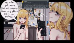 Rule 34 | :d, blonde girl (popopoka), blonde hair, blue eyes, breasts, desk, english text, highres, holding, holding phone, indoors, long hair, monitor, multiple views, nude, open mouth, original, phone, popopoka, scar, scar on arm, sitting, small breasts, smile