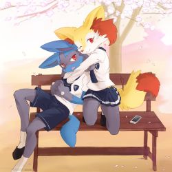 Rule 34 | 1boy, 1girl, :3, ancesra, animal ear fluff, animal ears, animal nose, artist name, bench, black footwear, black fur, blue fur, blue neckerchief, blue shorts, blue skirt, blush, body fur, braixen, breast pocket, cellphone, cherry blossoms, closed mouth, clothed pokemon, creatures (company), day, embarrassed, fang, flat chest, fox ears, fox girl, fox tail, full body, furry, furry female, furry male, game freak, gen 4 pokemon, gen 6 pokemon, happy, heart, hetero, highres, holding hands, hug, hug from behind, interspecies, light blush, looking at another, looking at viewer, looking to the side, lucario, miniskirt, neckerchief, nintendo, nose blush, on bench, one eye closed, open mouth, outdoors, pantyhose, patreon username, petals, phone, pleated skirt, pocket, pokemon, pokemon (creature), pokephilia, red eyes, school uniform, serafuku, shirt, shoes, short sleeves, shorts, sitting, skirt, smartphone, smile, snout, socks, squatting, stick, tail, tree, watermark, web address, white fur, white pantyhose, white shirt, wink, wolf boy, wolf ears, wolf tail, yellow fur