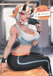 Rule 34 | 1girl, ass, ball, blush, breasts, dark-skinned female, dark skin, english text, exercise ball, grey hair, gym, horns, kit (sintrybest), large breasts, looking at viewer, milestone celebration, multicolored hair, on ball, open mouth, orange hair, original, pants, pointy ears, red eyes, short hair, sin (sintrybest), sitting on ball, smile, sports bra, streaked hair, yoga pants