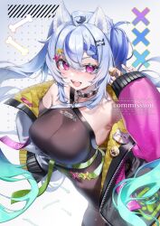 Rule 34 | absurdres, ahoge, animal ears, black leotard, black sleeves, blue hair, blush, bone hair ornament, braid, breasts, collar, commission, covered navel, detached sleeves, fairy (agency), fangs, hair ornament, highres, jacket, large breasts, leotard, long hair, looking at viewer, mu 005555, multicolored clothes, multicolored jacket, nerou vivi, off shoulder, open mouth, pink jacket, print leotard, purple eyes, side braid, skeb commission, teeth, text print, twintails, upper body, upper teeth only, white jacket, wolf ears, wolf girl, x hair ornament