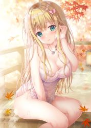 Rule 34 | 1girl, blonde hair, blush, bottomless, bow, breasts, cleavage, collarbone, green eyes, hair bow, hanahanamaki, hand up, highres, jewelry, large breasts, leaf, long hair, looking at viewer, necklace, onsen, open mouth, pink bow, pink ribbon, ribbon, shirt, solo, sousouman, twinbox school, wet, wet clothes, wet hair, wet shirt