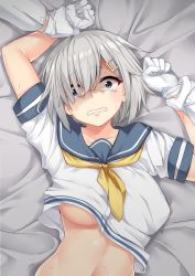Rule 34 | 10s, 1girl, blue eyes, blush, breasts, clenched teeth, clothes lift, crying, crying with eyes open, ears, gloves, hair ornament, hair over one eye, hairclip, hamakaze (kancolle), held down, highres, holding another&#039;s wrist, imminent rape, jack dempa, kantai collection, large breasts, looking at viewer, lying, midriff, navel, neckerchief, no bra, on back, pov, pov hands, restrained, scared, school uniform, serafuku, shaded face, shirt lift, short hair, silver hair, solo, solo focus, sweat, tears, teeth, underboob, white gloves, wide-eyed, yellow neckerchief