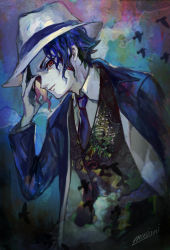 Rule 34 | 1boy, black vest, blue hair, blue jacket, blue necktie, closed mouth, collared shirt, highres, jacket, kibutsuji muzan, kimetsu no yaiba, looking at viewer, male focus, matcho, necktie, open clothes, open jacket, red eyes, shirt, short hair, signature, solo, upper body, vest, white shirt, wing collar