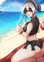 Rule 34 | 1girl, absurdres, android, beach, bikini, blindfold, blush, breasts, food, highres, ice cream, kneeling, medium breasts, nier (series), nier:automata, open mouth, silver hair, smile, solo, swimsuit, 2b (nier:automata)