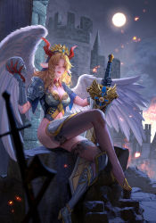 Rule 34 | 1girl, angel, angel wings, animal ears, armor, asymmetrical gloves, black gloves, black thighhighs, blonde hair, breasts, castle, cleavage, commentary, cover, crossed legs, crown, demon, demon girl, demon horns, english commentary, fan yang (jiuge), feathered wings, fire, fire, forehead, full body, gloves, gold trim, greaves, hand up, high heels, highres, holding, holding skull, holding sword, holding weapon, hood, hood up, horns, lace, lace-trimmed legwear, lace trim, long hair, looking at viewer, medium breasts, moon, navel, night, night sky, original, outdoors, parted lips, red eyes, red gloves, ruins, shoulder armor, single greave, skull, sky, solo, sparks, sparkle, sword, thighhighs, thighs, uneven gloves, weapon, white wings, wings