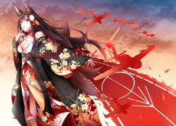 Rule 34 | 1girl, aircraft, airplane, akagi (azur lane), animal ears, arm at side, azur lane, bare shoulders, black hair, breasts, brown hair, choker, cleavage, cloud, cloudy sky, collarbone, dusk, floral print, fox ears, fox tail, from below, from side, fudo shin, hair between eyes, hair ornament, hand on own face, highres, japanese clothes, kimono, large breasts, long hair, looking at viewer, nail polish, obi, rigging, sash, sky, smile, solo, standing, tail, very long hair