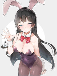 Rule 34 | 1girl, absurdres, animal ears, bad id, bad pixiv id, black hair, black leotard, blue eyes, bow, bowtie, braid, breasts, cleavage, cowboy shot, detached collar, fake animal ears, fishnet pantyhose, fishnets, french braid, grey background, highres, leaning forward, leotard, long hair, looking at viewer, medium breasts, mitsudoue, nijisanji, pantyhose, playboy bunny, rabbit ears, red bow, red bowtie, smile, solo, strapless, strapless leotard, tray, tsukino mito, virtual youtuber, waving, wrist cuffs