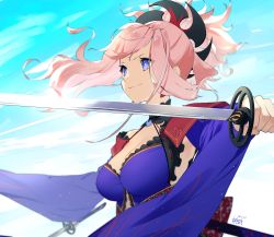Rule 34 | 1girl, blue eyes, blue sky, breasts, dual wielding, fate/grand order, fate (series), highres, holding, holding sword, holding weapon, japanese clothes, katana, kimono, long hair, miyamoto musashi (fate), miyamoto musashi (third ascension) (fate), pink hair, ponytail, sky, smile, solo, sword, tochi keisuke, upper body, weapon