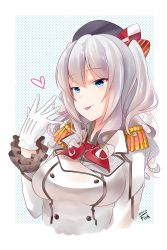 Rule 34 | 10s, 1girl, 2015, :p, artist name, bad id, bad pixiv id, breasts, dated, epaulettes, frilled sleeves, frills, gloves, heart, kantai collection, kashima (kancolle), qiang jiyu, raised eyebrows, grey eyes, silver hair, smile, solo, tongue, tongue out